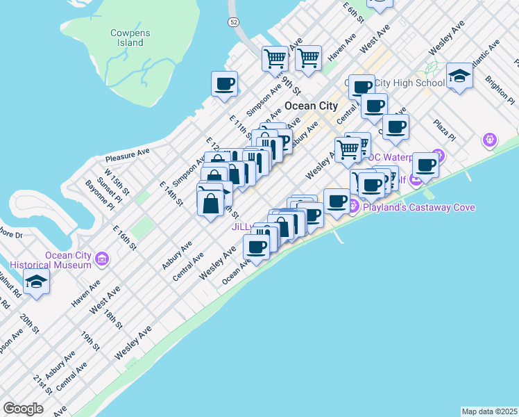 map of restaurants, bars, coffee shops, grocery stores, and more near 1209 Central Avenue in Ocean City