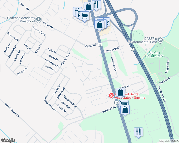 map of restaurants, bars, coffee shops, grocery stores, and more near 224 Laurel Lane in Smyrna