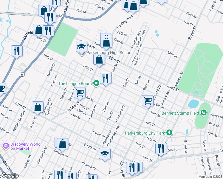 map of restaurants, bars, coffee shops, grocery stores, and more near 1407 19th St in Parkersburg