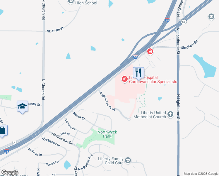map of restaurants, bars, coffee shops, grocery stores, and more near 2201 Glenn Hendren Drive in Liberty