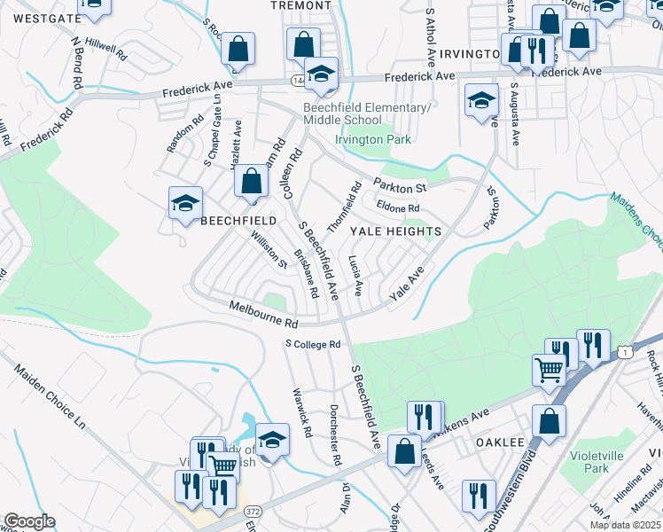 map of restaurants, bars, coffee shops, grocery stores, and more near 565 South Beechfield Avenue in Baltimore