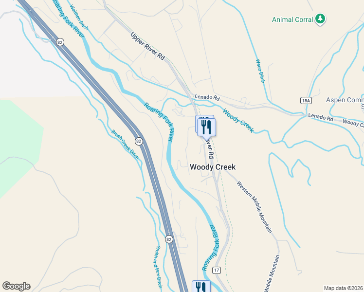map of restaurants, bars, coffee shops, grocery stores, and more near 179 Liberty Lane in Woody Creek