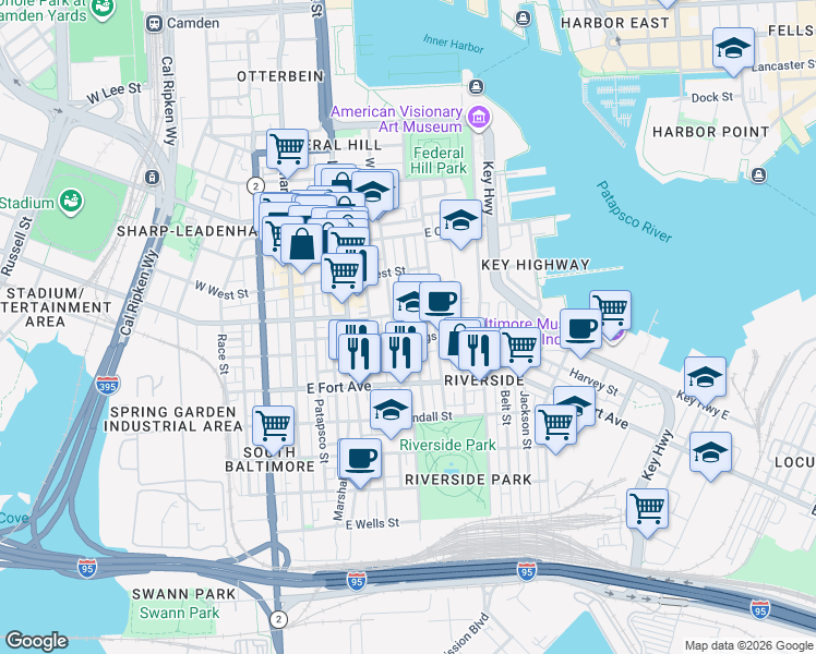 map of restaurants, bars, coffee shops, grocery stores, and more near 1286 Battery Ave in Baltimore