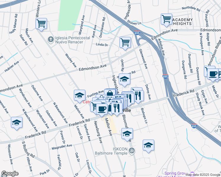 map of restaurants, bars, coffee shops, grocery stores, and more near 2 Howard Avenue in Catonsville