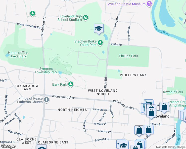 map of restaurants, bars, coffee shops, grocery stores, and more near 11631 Windy Hill Court in Loveland