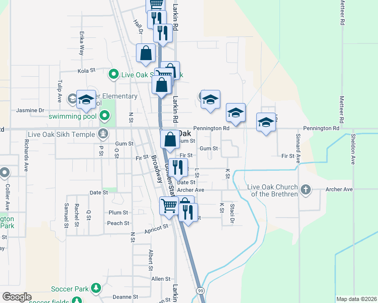 map of restaurants, bars, coffee shops, grocery stores, and more near 2451 Fir Street in Live Oak