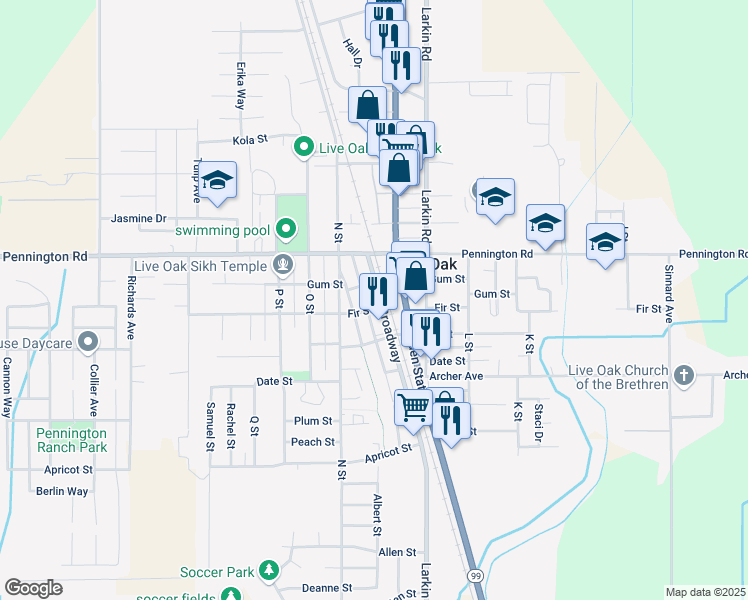 map of restaurants, bars, coffee shops, grocery stores, and more near 9890 Broadway in Live Oak