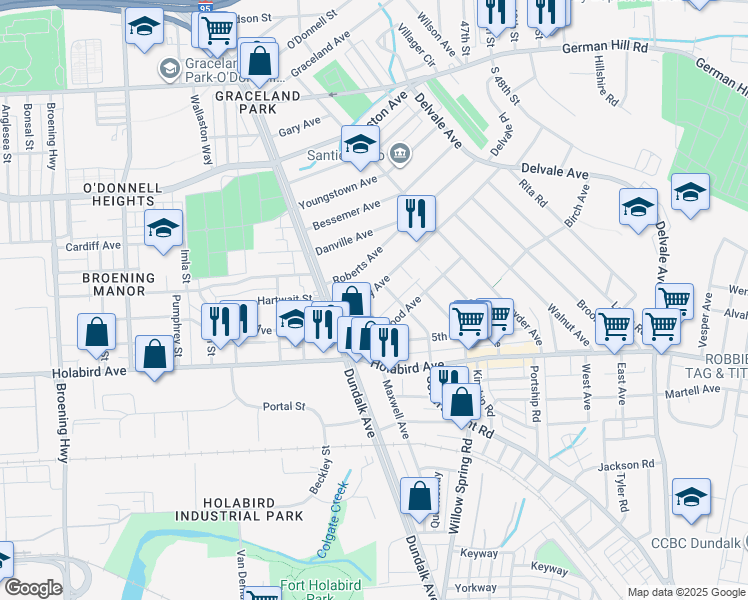 map of restaurants, bars, coffee shops, grocery stores, and more near 6717 Railway Avenue in Baltimore