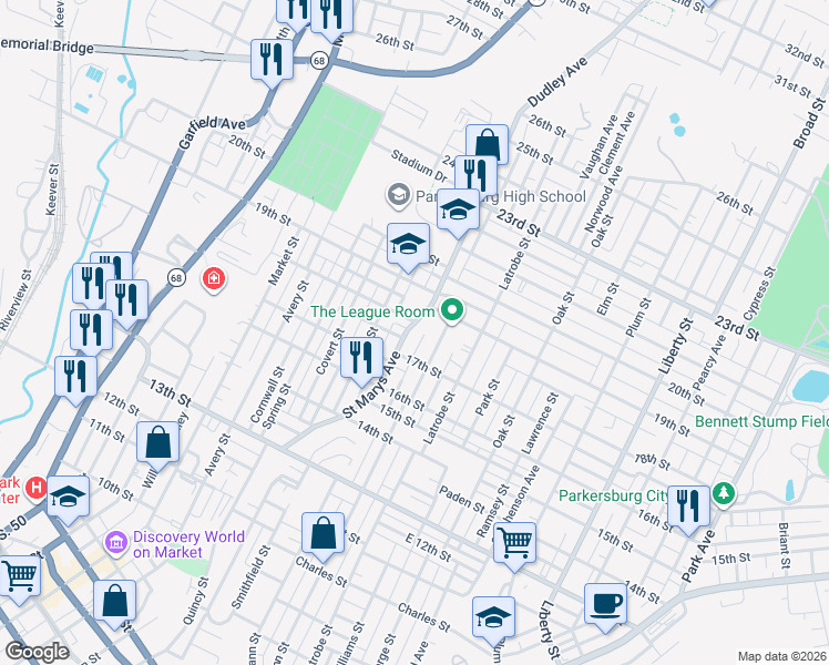 map of restaurants, bars, coffee shops, grocery stores, and more near 1722 Saint Marys Avenue in Parkersburg