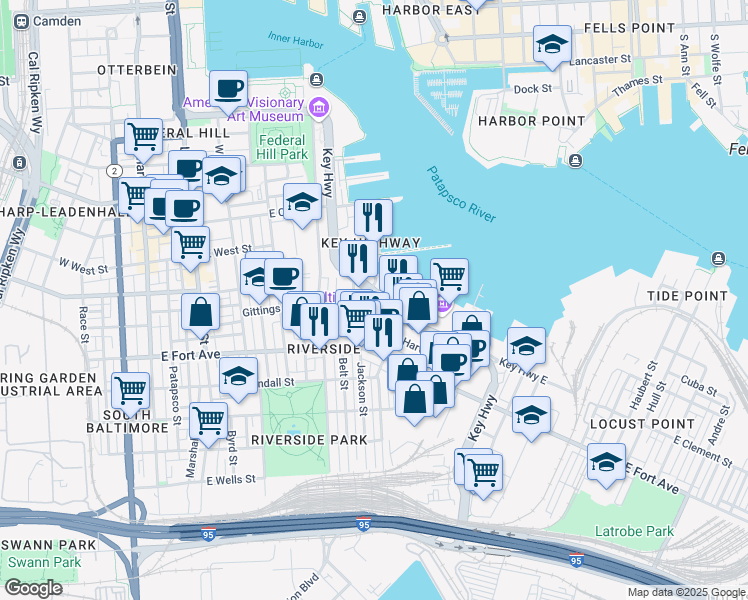 map of restaurants, bars, coffee shops, grocery stores, and more near 1350 Key Highway in Baltimore