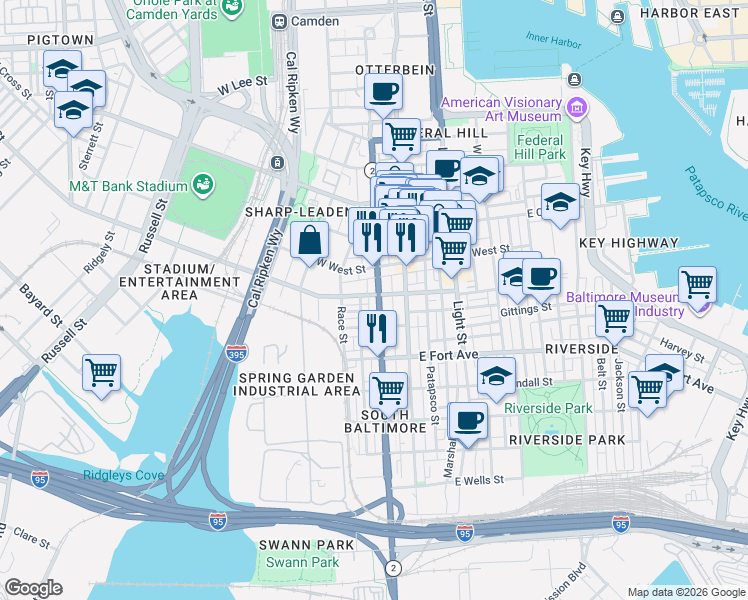 map of restaurants, bars, coffee shops, grocery stores, and more near 1302 South Hanover Street in Baltimore