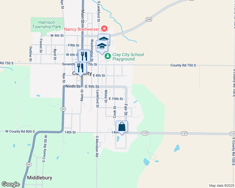 map of restaurants, bars, coffee shops, grocery stores, and more near 907 Cook Street in Clay City