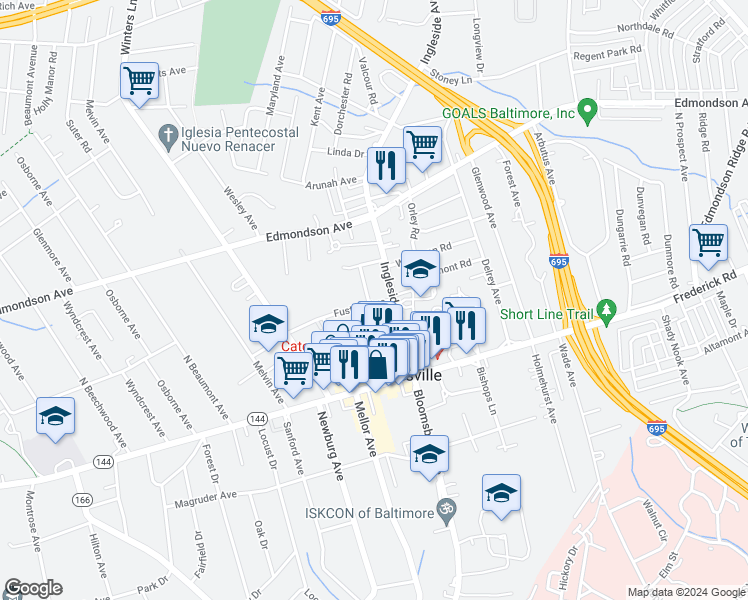 map of restaurants, bars, coffee shops, grocery stores, and more near 2 Howard Avenue in Catonsville
