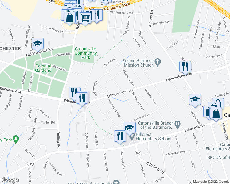 map of restaurants, bars, coffee shops, grocery stores, and more near 1400A Edmondson Avenue in Baltimore