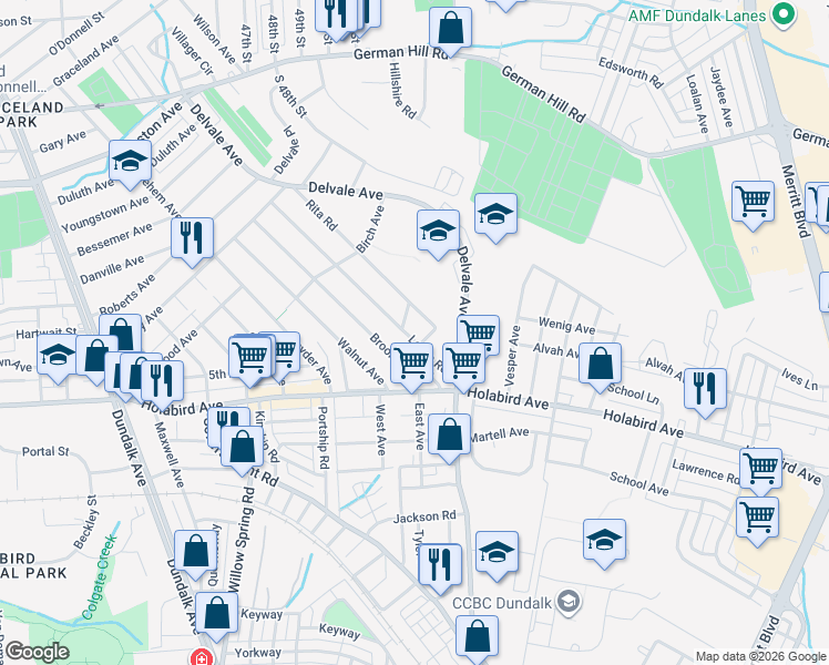 map of restaurants, bars, coffee shops, grocery stores, and more near 1727 Leslie Road in Dundalk