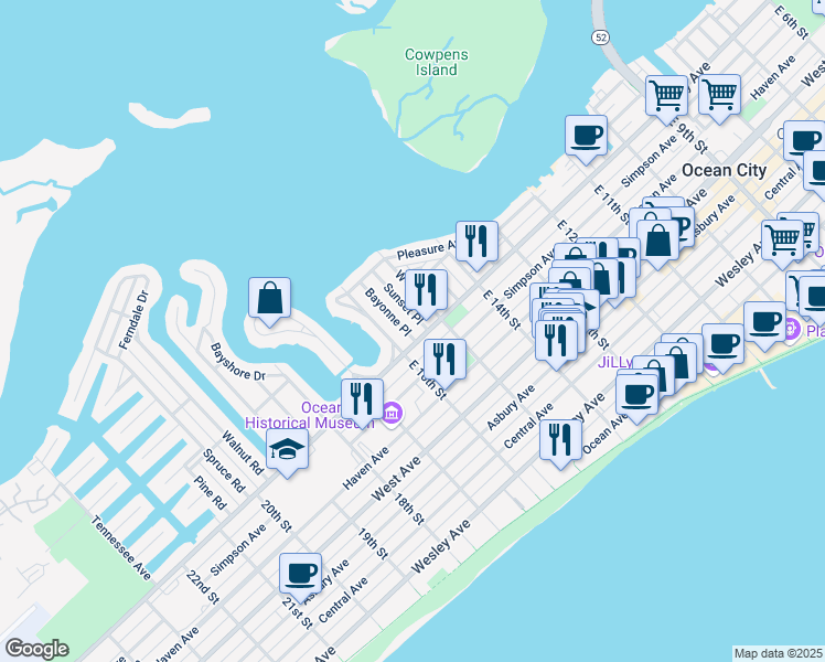map of restaurants, bars, coffee shops, grocery stores, and more near 5 Bayonne Place in Ocean City