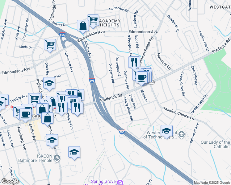 map of restaurants, bars, coffee shops, grocery stores, and more near 3 Dungarrie Road in Catonsville