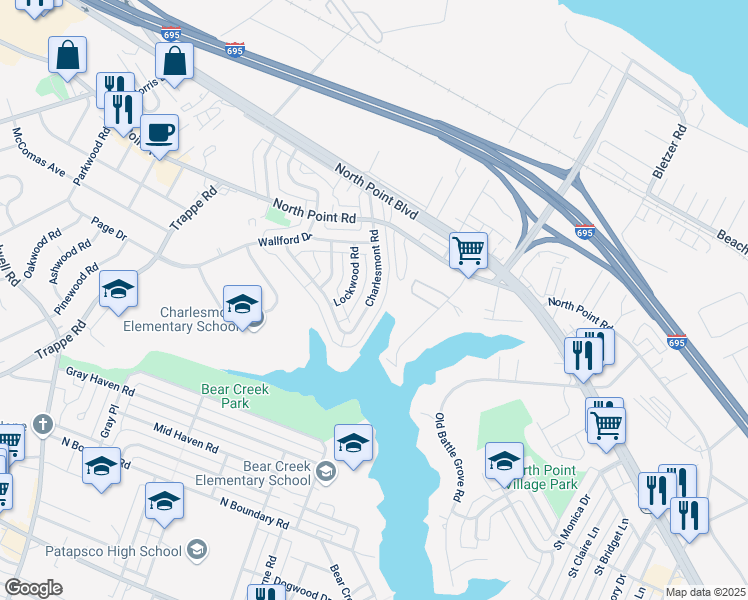 map of restaurants, bars, coffee shops, grocery stores, and more near 7837 Charlesmont Road in Dundalk