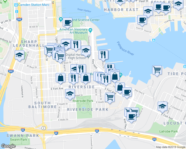 map of restaurants, bars, coffee shops, grocery stores, and more near 1324 Belt Street in Baltimore