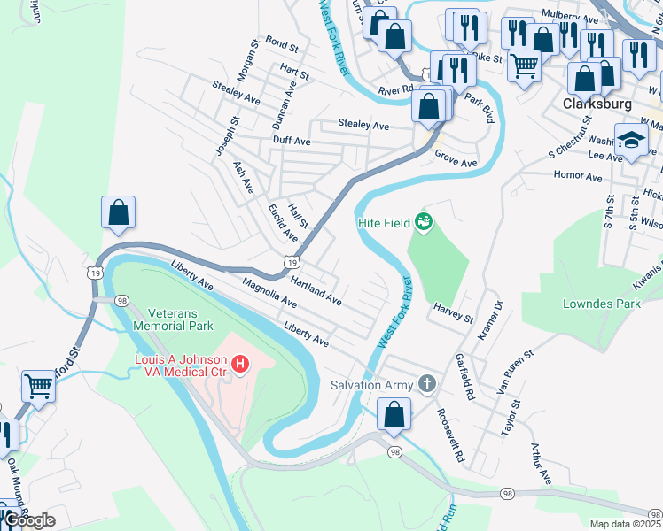 map of restaurants, bars, coffee shops, grocery stores, and more near 529 Charter Saint Exd in Clarksburg