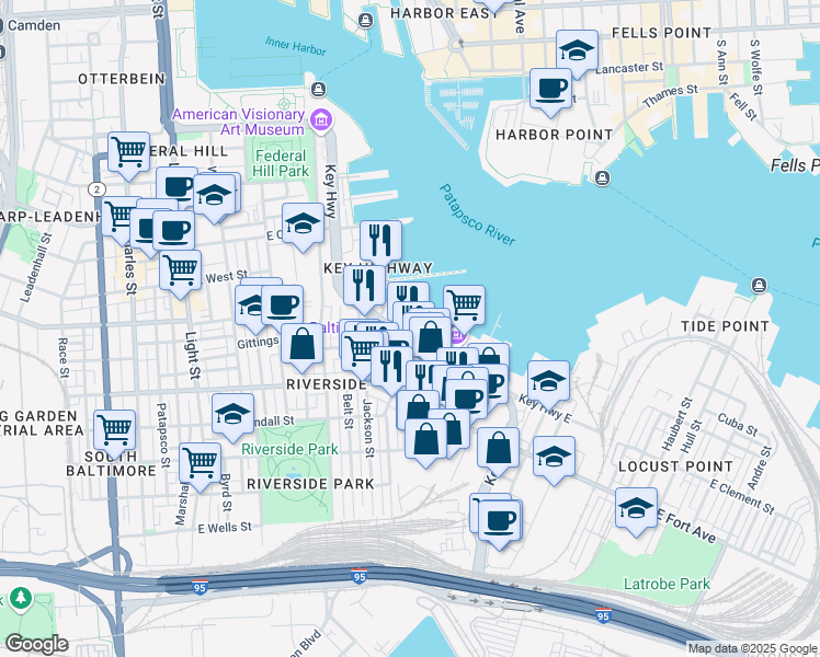 map of restaurants, bars, coffee shops, grocery stores, and more near 1321 Key Highway in Baltimore