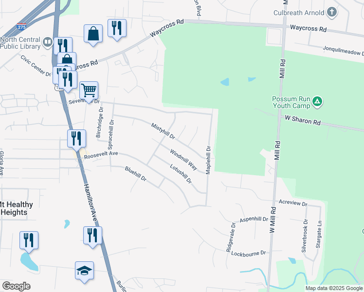 map of restaurants, bars, coffee shops, grocery stores, and more near 1933 Mistyhill Drive in Cincinnati