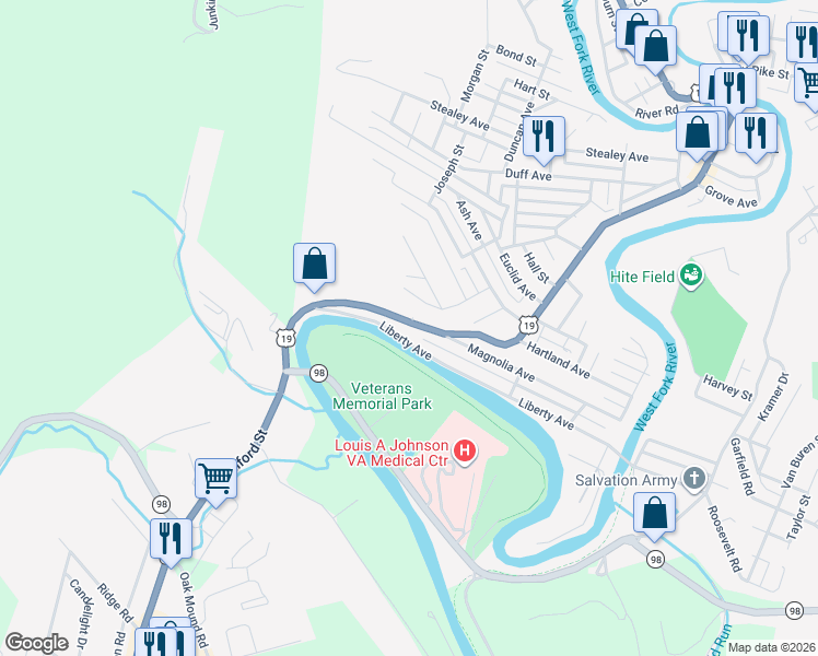 map of restaurants, bars, coffee shops, grocery stores, and more near 1017 Milford St in Clarksburg