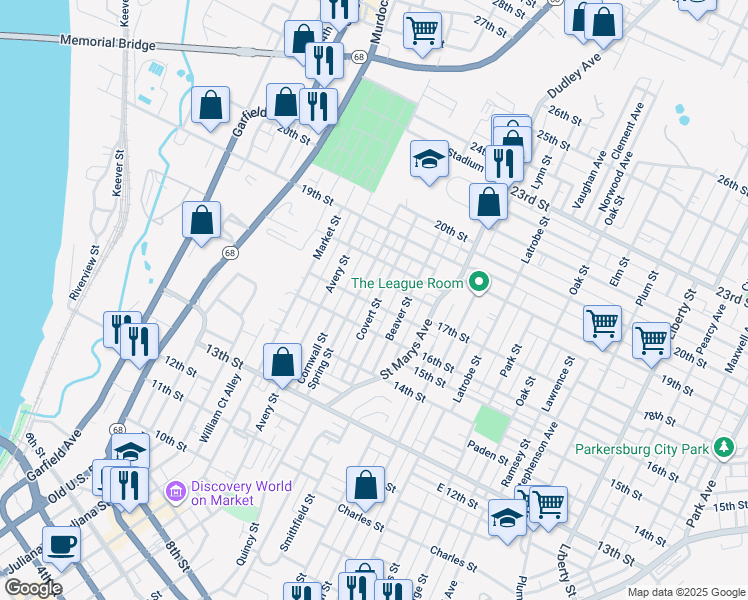 map of restaurants, bars, coffee shops, grocery stores, and more near 1701 Covert Street in Parkersburg