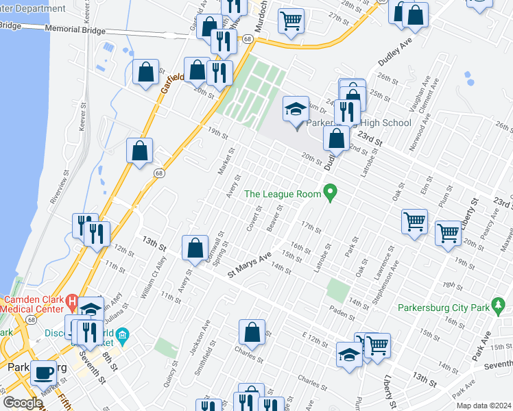 map of restaurants, bars, coffee shops, grocery stores, and more near 609 17th Street in Parkersburg