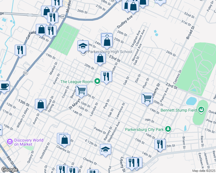 map of restaurants, bars, coffee shops, grocery stores, and more near 1407 19th St in Parkersburg