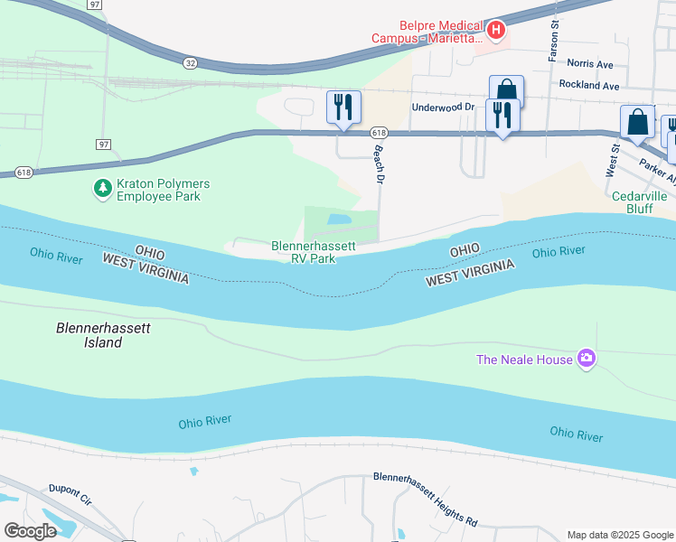 map of restaurants, bars, coffee shops, grocery stores, and more near 2817 Beach Drive in Belpre