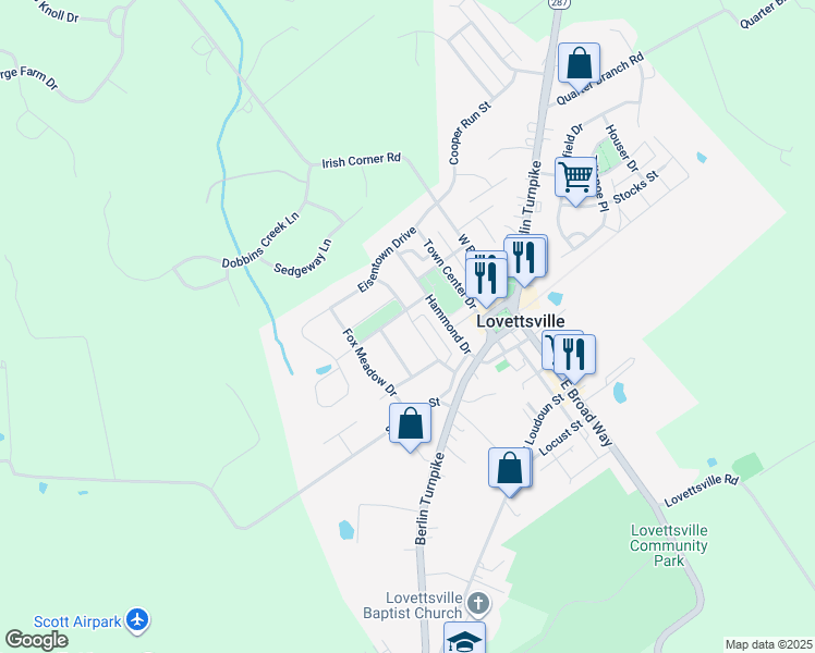 map of restaurants, bars, coffee shops, grocery stores, and more near 25 Black Forest Lane in Lovettsville