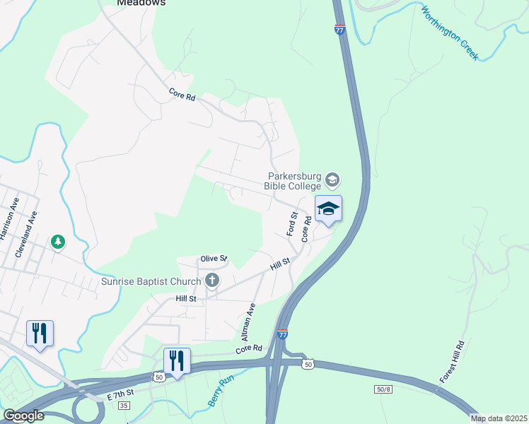 map of restaurants, bars, coffee shops, grocery stores, and more near 1110 Core Road in Parkersburg