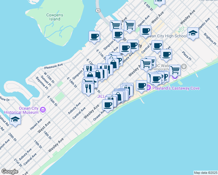 map of restaurants, bars, coffee shops, grocery stores, and more near 1209 Central Avenue in Ocean City