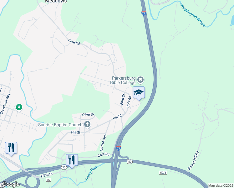 map of restaurants, bars, coffee shops, grocery stores, and more near 1110 Core Rd in Parkersburg