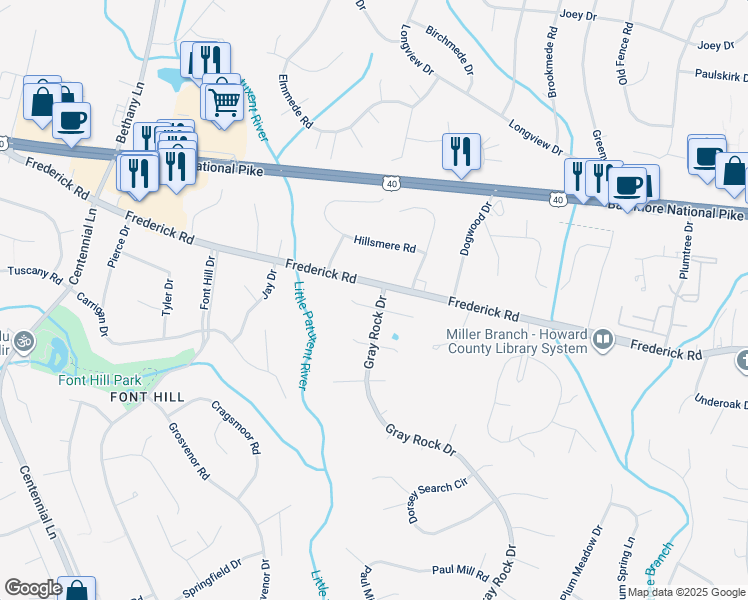 map of restaurants, bars, coffee shops, grocery stores, and more near 3500 Rhode Valley Trail in Ellicott City