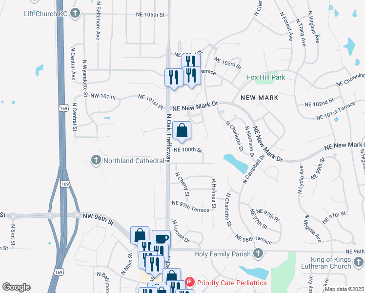 map of restaurants, bars, coffee shops, grocery stores, and more near 610 Northeast 100th Street in Kansas City