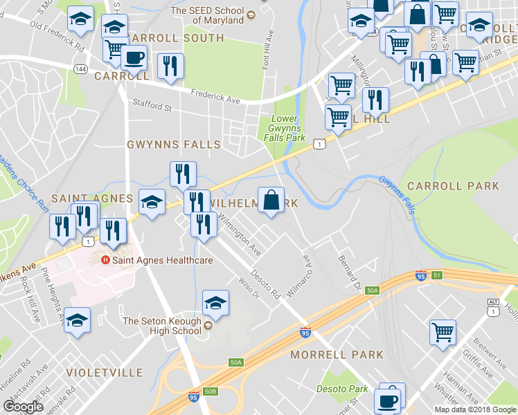 map of restaurants, bars, coffee shops, grocery stores, and more near 1004 Whistler Avenue in Baltimore