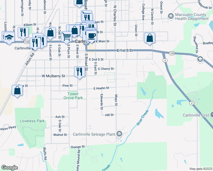 map of restaurants, bars, coffee shops, grocery stores, and more near 320 East Hoehn Street in Carlinville