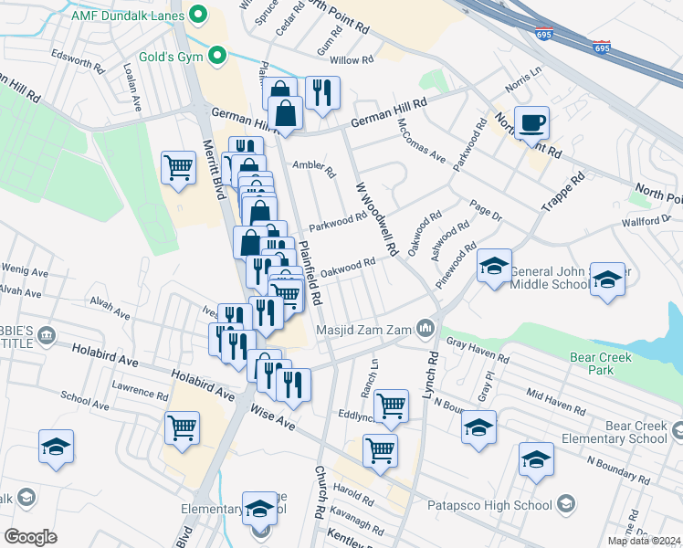 map of restaurants, bars, coffee shops, grocery stores, and more near 423 Oakwood Road in Dundalk
