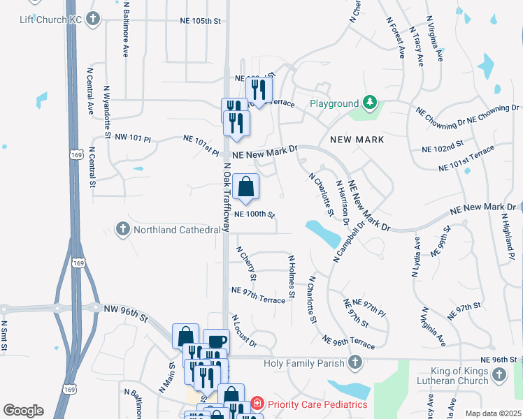 map of restaurants, bars, coffee shops, grocery stores, and more near 626 Northeast 100th Street in Kansas City