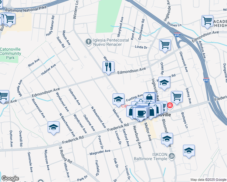 map of restaurants, bars, coffee shops, grocery stores, and more near 63 Winters Lane in Catonsville