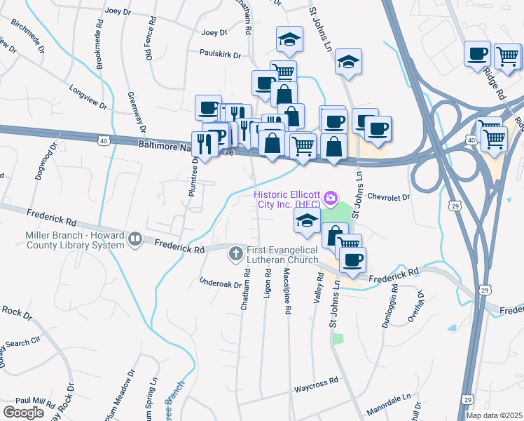 map of restaurants, bars, coffee shops, grocery stores, and more near 3501 North Chatham Road in Ellicott City