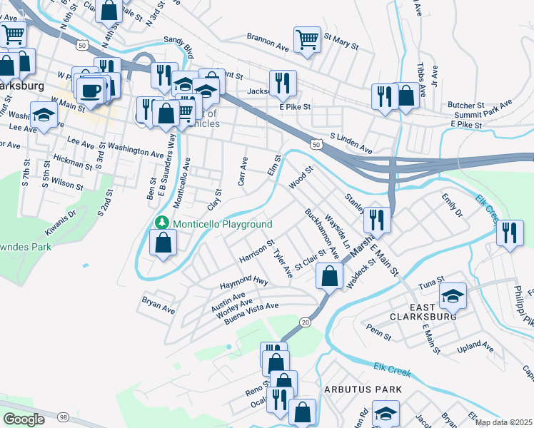 map of restaurants, bars, coffee shops, grocery stores, and more near 144 Vermont Ave in Clarksburg