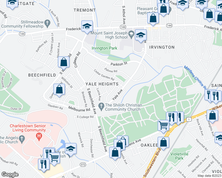 map of restaurants, bars, coffee shops, grocery stores, and more near 726 South Woodington Road in Baltimore