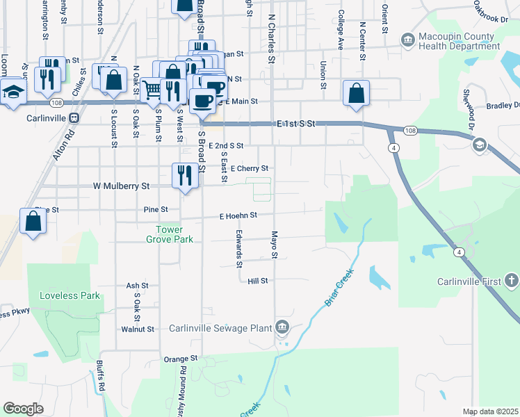 map of restaurants, bars, coffee shops, grocery stores, and more near 320 East Hoehn Street in Carlinville