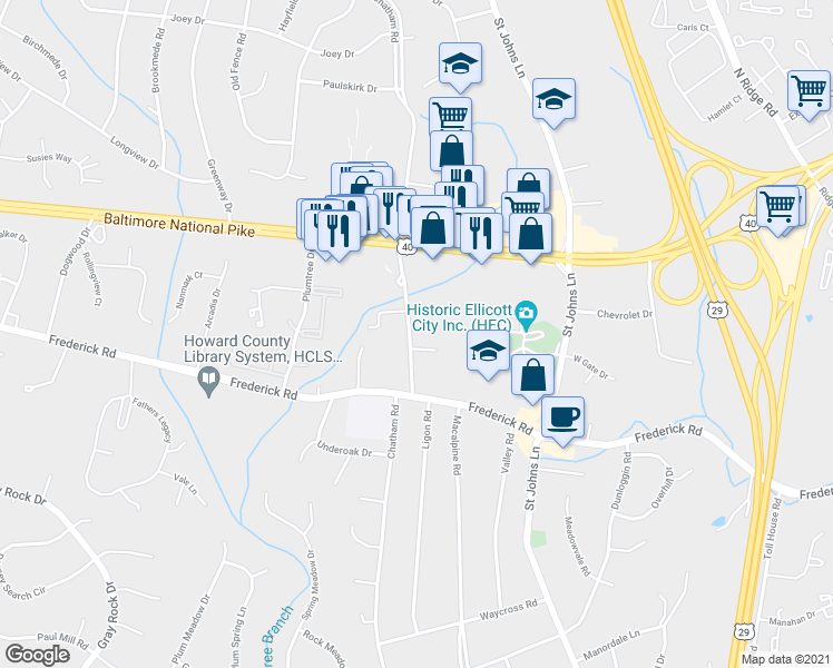 map of restaurants, bars, coffee shops, grocery stores, and more near 3501 North Chatham Road in Ellicott City