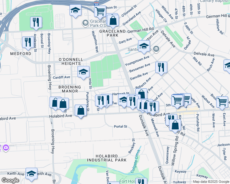 map of restaurants, bars, coffee shops, grocery stores, and more near 6608 Hartwait Street in Baltimore