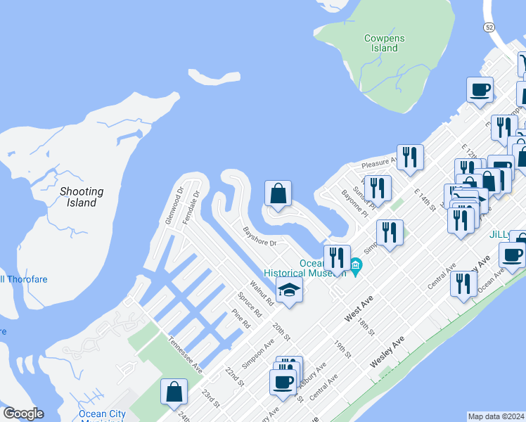 map of restaurants, bars, coffee shops, grocery stores, and more near 349 West 17th Street in Ocean City