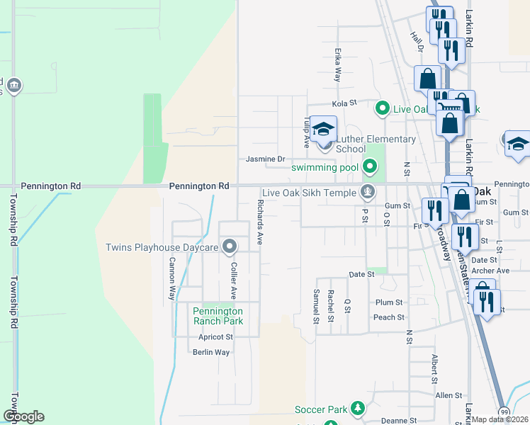 map of restaurants, bars, coffee shops, grocery stores, and more near 3171 Cole Court in Live Oak